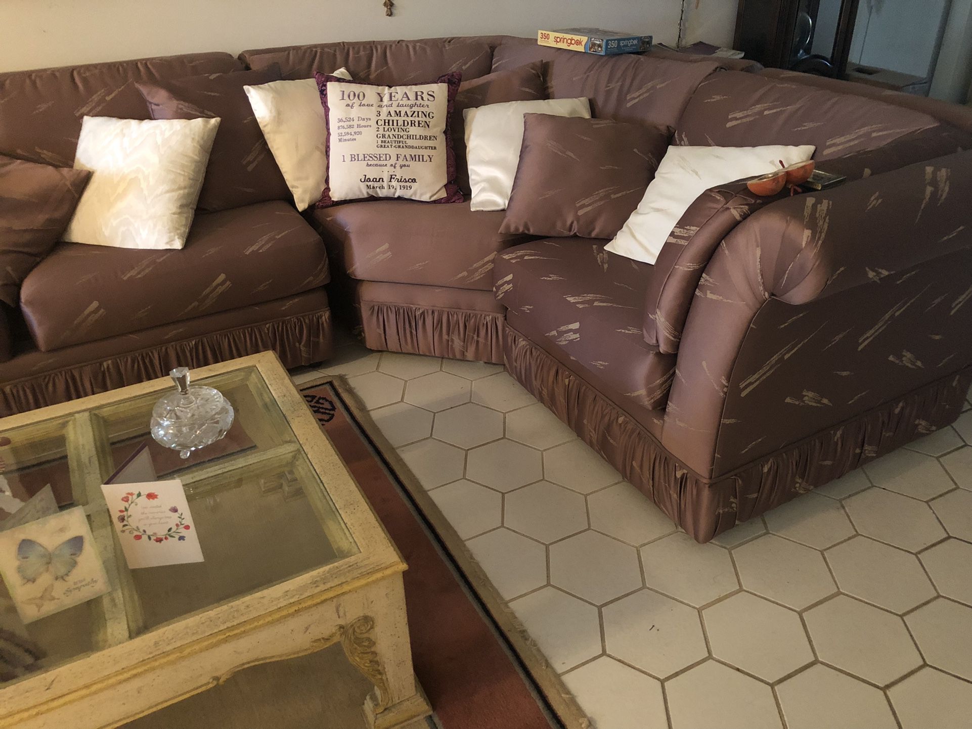 Beautiful Sectional Sofa With Sleeper - Mauve Cotton/Silk