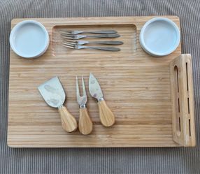 Bamboo Cheese Board set with knives forks and bowls