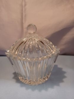 Small Oval Clear Glass Candy Dish With Matching Lid Both Have Deep Vertical Lines