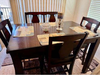 Brown High Pub Dining room table bench and 4 chairs
