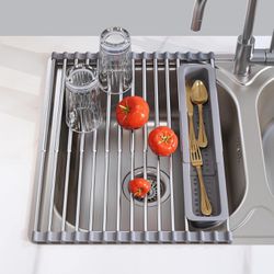 Roll Up Dish Drying Rack, Expandable 304 Stainless Steel Portable Drainer for Kitchen Sink Counter, Foldable Over The Sink Cover with Removable Utensi