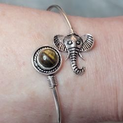 925 Silver Cuff Bracelet With An Elephant And Tigers Eye Stone In It. Call It The Lucky Bracelet. 
