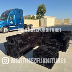 BRAND NEW BLACK CORDUROY THICK SOFT PLUSH SECTIONAL SOFA COUCH w/ OTTOMAN