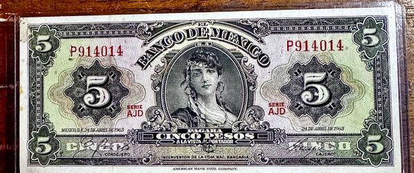 Mexico Bank Notes- 1 Peso- 5 Pesos- 10 Pesos- 20 Pesos