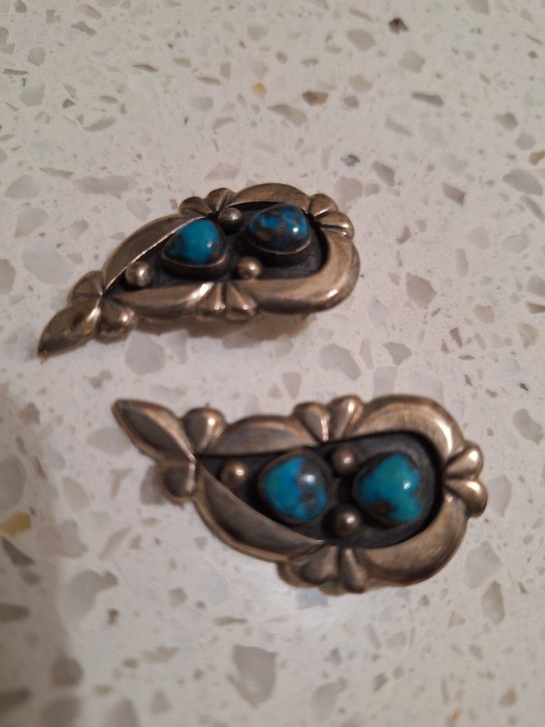 GENUINE, Vintage TURQUOISE and STERLING Clip Earrings