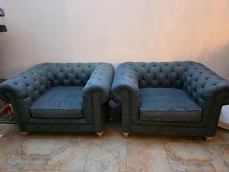 Warner Blue Denim Chesterfield Club Chair (Set o