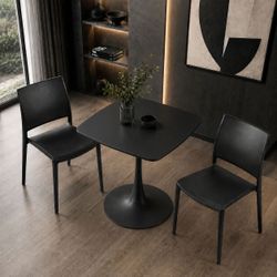 Black Minimalist Modern Dining Set:  31.5" White Square w/ Rounded Edge Tulip Base Dining Table + 2 Blk PPP Dining Chairs [NEW]  
