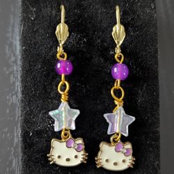 Handmade Hello Kitty Iridescent Star Earrings – Unique, Cute Purple Enamel Charm with Lever Back Hooks