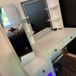 Vanity desk with full-length mirror and lighted mirror