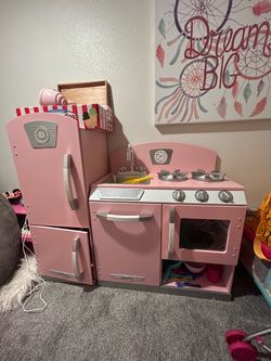 Pink Wooden Play Kitchen + Wooden Food Set