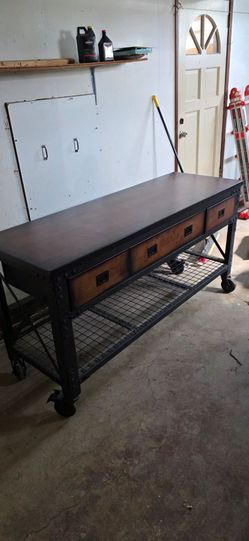 Rolling Industrial Workbench w/ 3 Drawers - Wood-Look Metal Top, Locking Casters