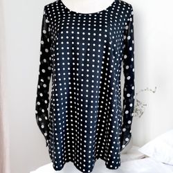 New Polka Dot Black White 3/4 Bell Sleeve Lightweight Blouse Top - Women's Small