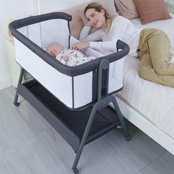 ANGELBLISS Baby Bassinet Bedside Crib with Storage Basket and Wheels, Easy Folding Bed Side Sleeper Adjustable Height Portable Crib for Newborn