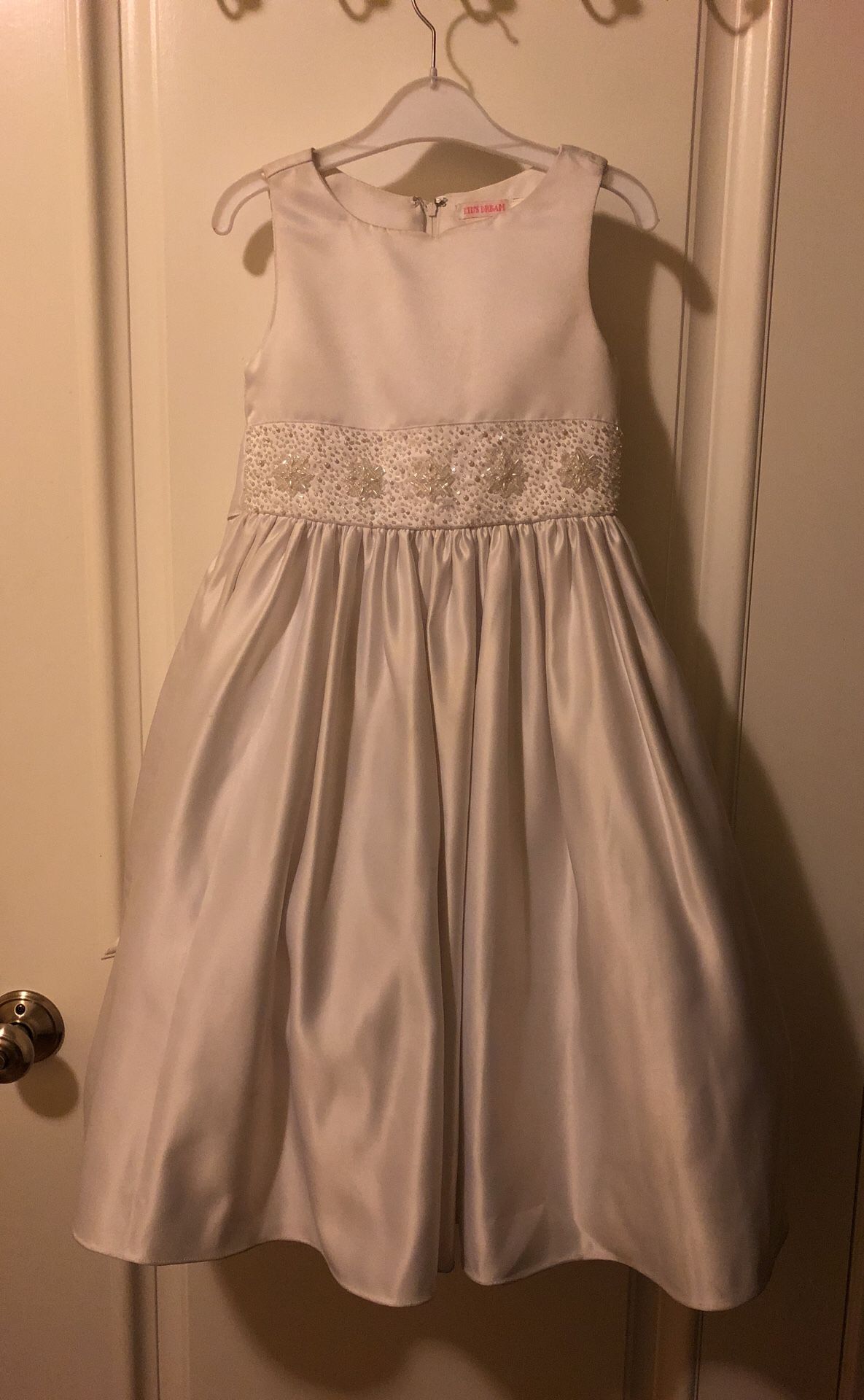 Size 5/6 Flower girl dress, white satin. Only worn once. May need dry clean.