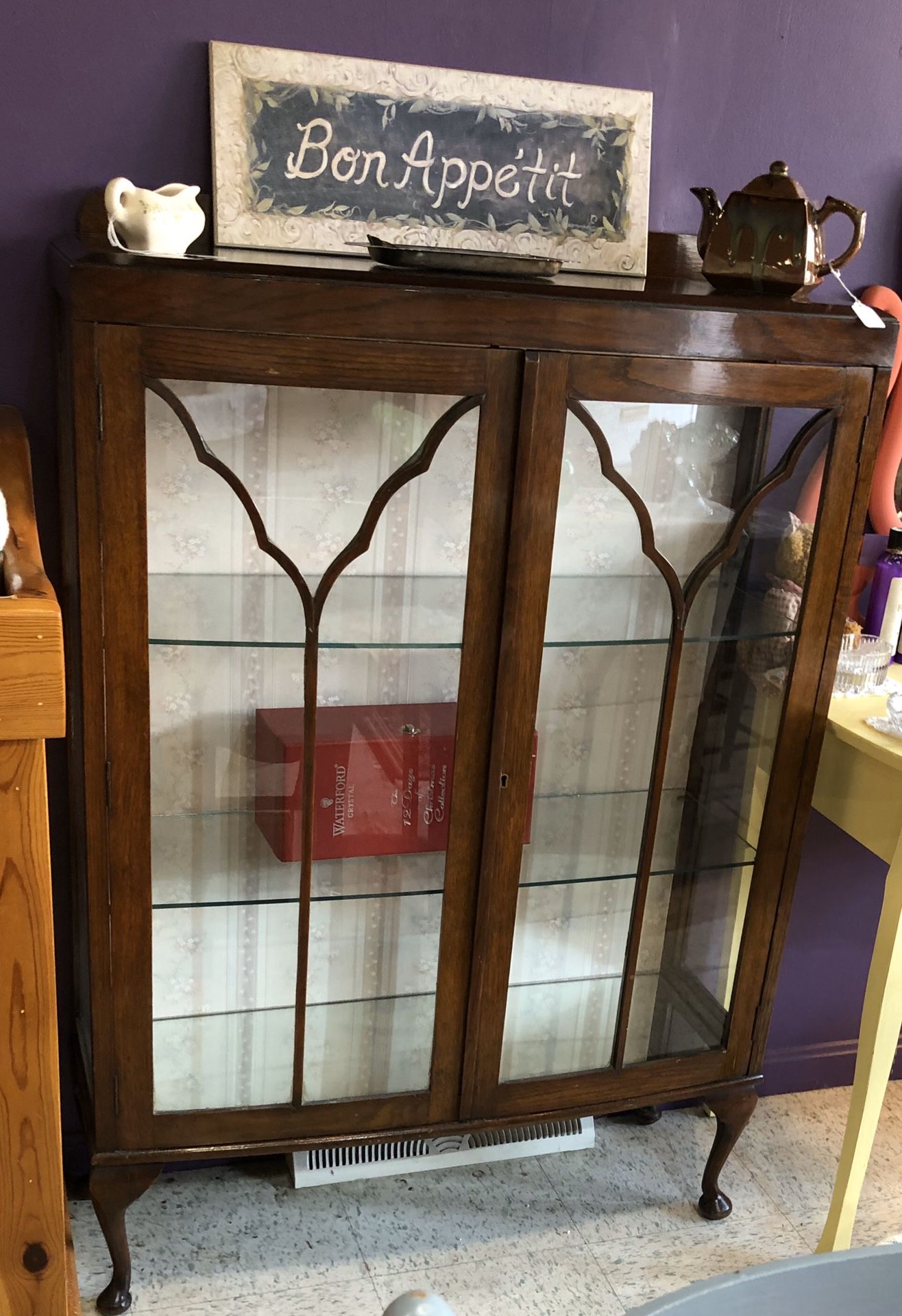 Vintage antique bow front glass cabinet