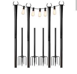 5 - 11 Foot Black Metal String Light Poles - Steel Bistro Ground Stakes (4 Pack)