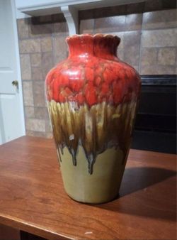 8.5" Hand Made Red/Brown/Tan Drip Glaze Vase