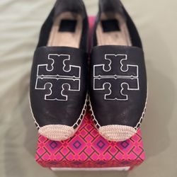 Tory Burch Women's Ines Black Leather Slip On Espadrilles Size US 10