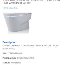 NEW TOTO NEOREST 750H TOILET WASHLET BOWL CT993CUMFX#01 TOTO NEOREST 750H BOWL UNIT ACTILIGHT WHITE