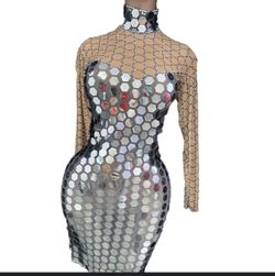 Silver Mirror Plaid Short Dress Prom Stretch Mesh Costume Drag Queen Show Dress