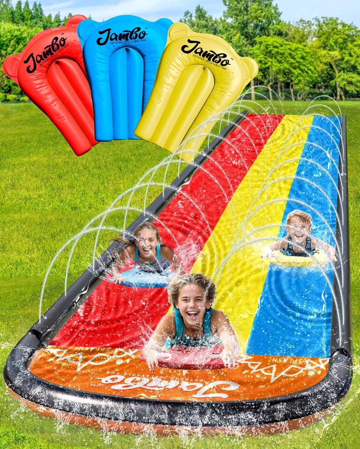 JAMBO Premium Triple Water Slide and 3 Bodyboards, Updated Model Slip Splash and Slide Heavy Duty Water Slides- 3-Way Sprinkler System, Splash Mat Pad