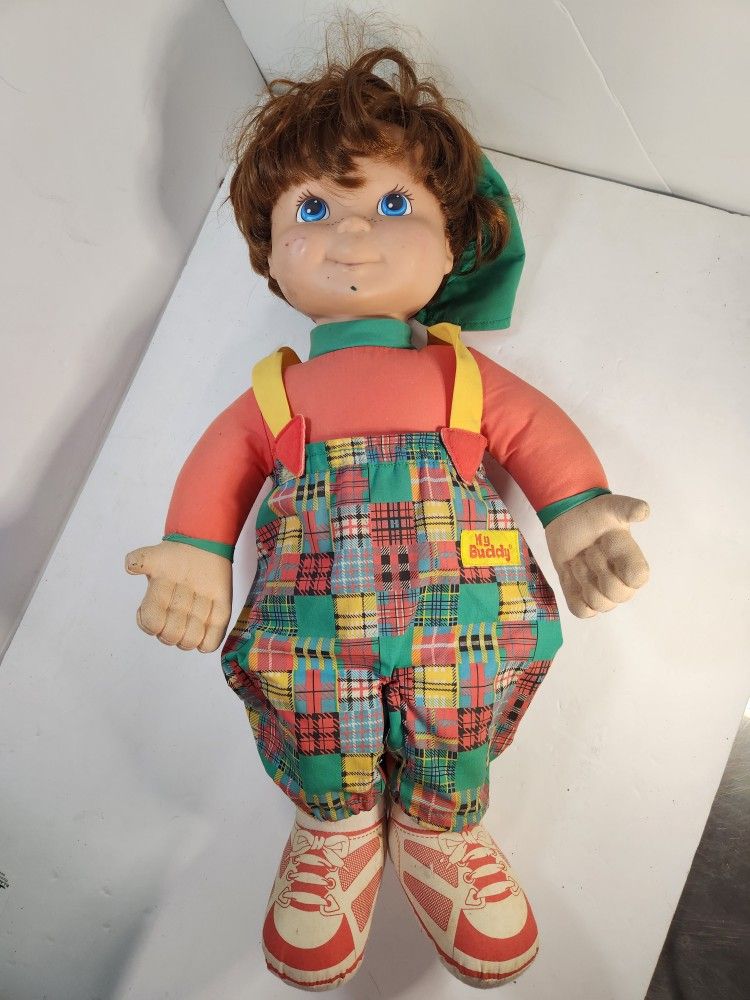 Vintage My Buddy Doll Boy Playskool Patchwork Hat Blue Eyes Brown Hair Toy