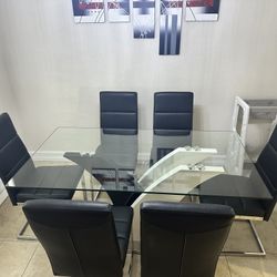 Modern Dining Table Set for 6, Dining Room Table with Tempered Glass Top. Includes 6 Black Dining Chairs