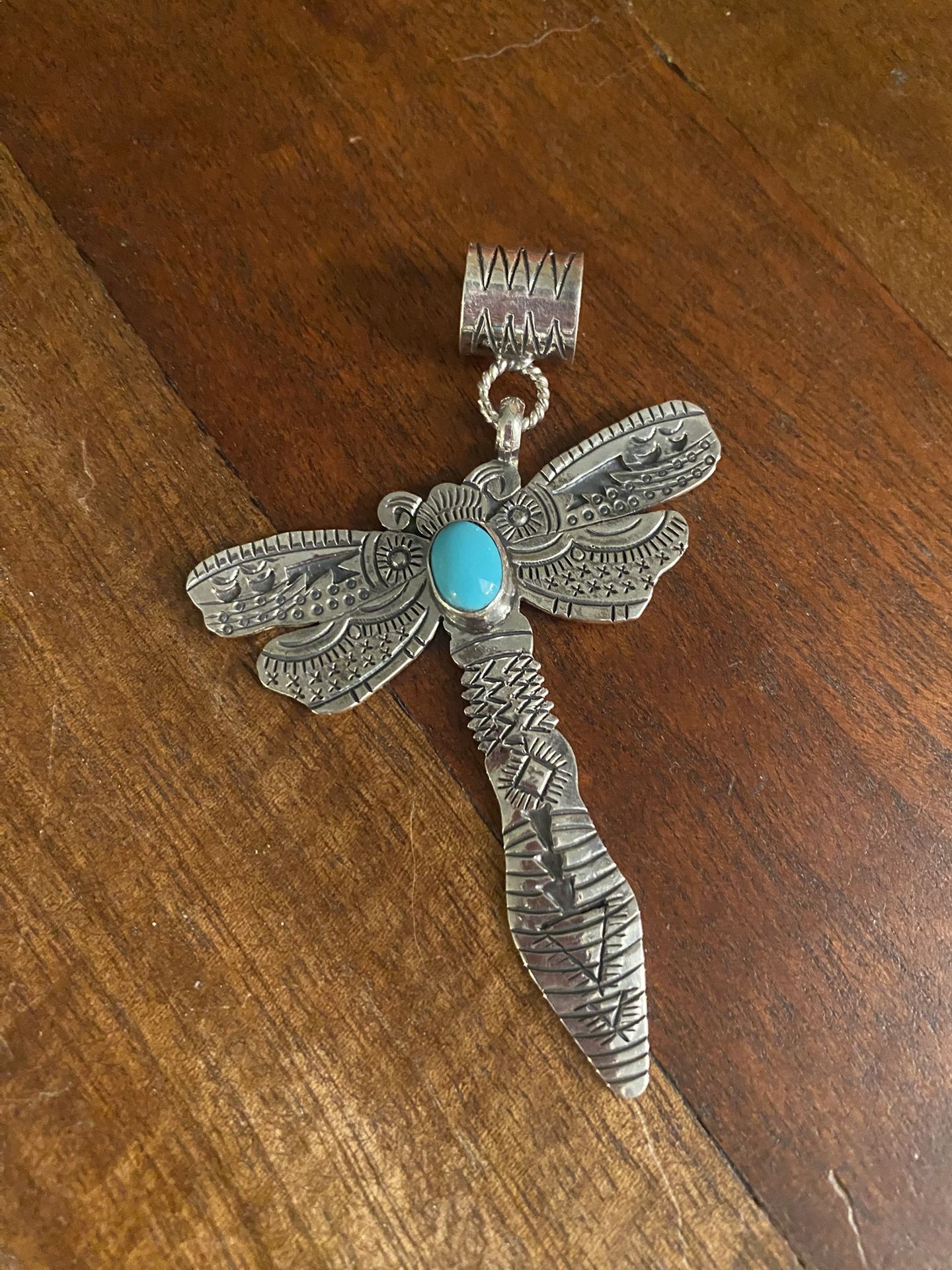 Beautiful Large Sterling And Turquoise Dragonfly Pendant