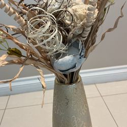 Artificial Dry Bunch Flowers And 16” Tall Gold Color With Flower Design Vase, $45