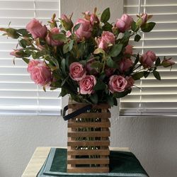 New Natural Wooden Brown Basket + 33 Silk Roses | Basket Flowers  Approx Measurements: Basket width: 7” x 7” Height: 12” Height with flowers: 26” Bask