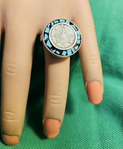 VINTAGE TURQUOISE STERLING SILVER 925 MAYA CALENDAR RING 5.5