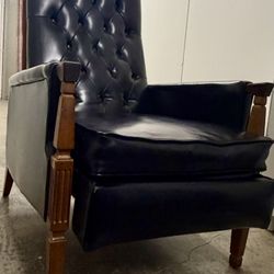 Black Leather + Ornate Wood High Back Custom Recliner / Smoking Chair