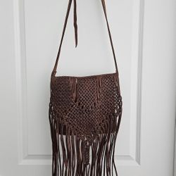 Vintage Handmade Brown Leather Boho Fringe Crossbody Bag