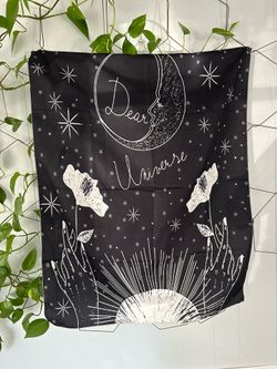 Dear universe black white tapestry hand floral moon star flower meditation power