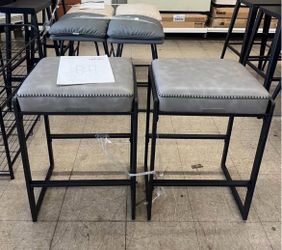 26" Counter Height Bar Stools Leather with Stitching Mid-Century Modern Set of 2 - Dove Gray