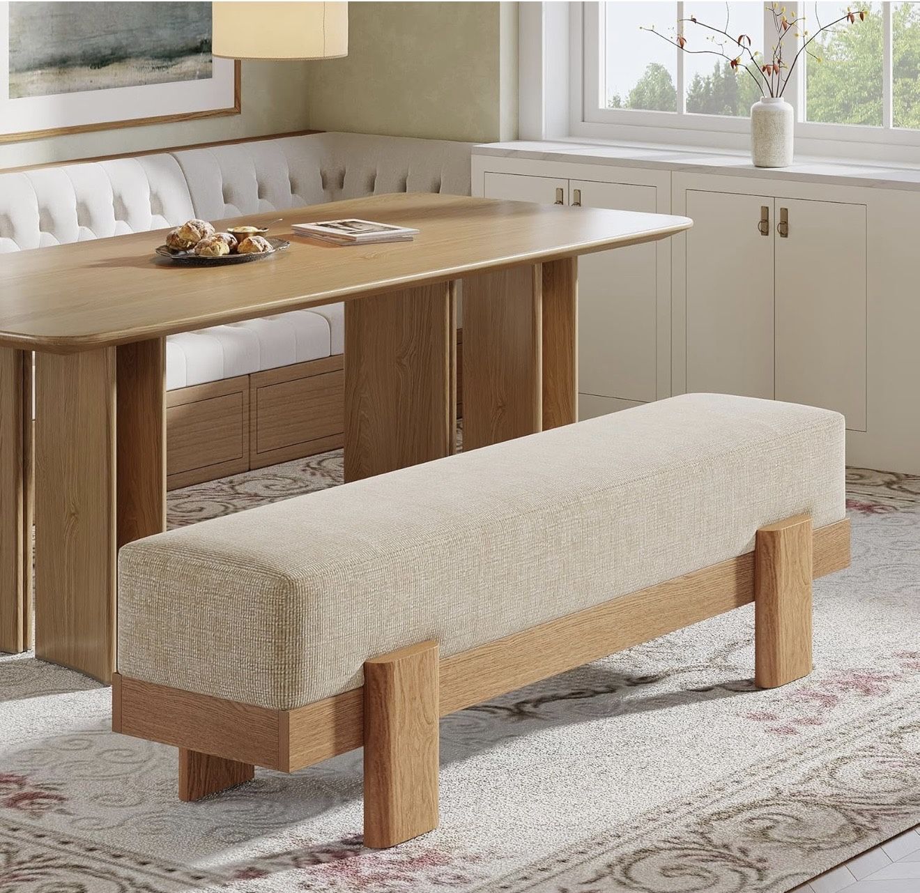 New assembled 55 Inch Upholstered Dining Bench Modern Dining Bench with Fabric Padded Seat and MDF Frame Kitchen Stool for Dinner Room (Beige & Oak)