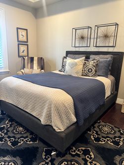 Dark Gray Upholstered Bed Frame with Nailhead Trim + Mattress