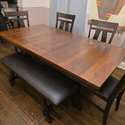 Wood Dinner Table With Chairs And Bench Set