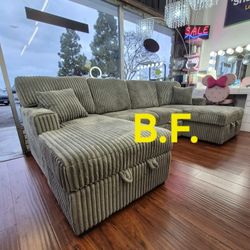 ♻️ Sectional Sofa Bed, Gray Corduroy Fabric, New In The Box.