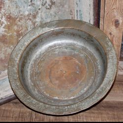 Large HEAVY Vintage 14" Primitive Farmhouse Copper Dish Centerpiece Bowl