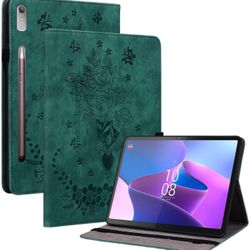 IVY PU Leather Wallet Case for Lenovo Tab P12 12.7 inch Tablet - [Butterfly Rose][Kickstand Flip][Angle Adjustment] - Green