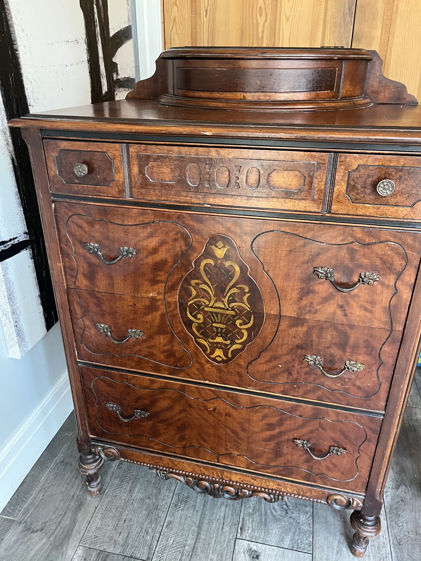 Antique Highboy Dresser Chest 5 Drawers Wood Medium Tone On Wheels