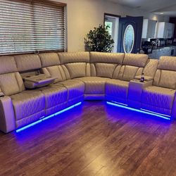 Power Electric Beige Leather Fully Reclining Sectional Couch 