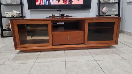 70” Wood TV / Media Console with Glass Doors & Hidden Wheels