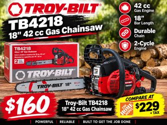 $160 New Troy-Bilt TB4218 18 in. 42 cc Gas Chainsaw