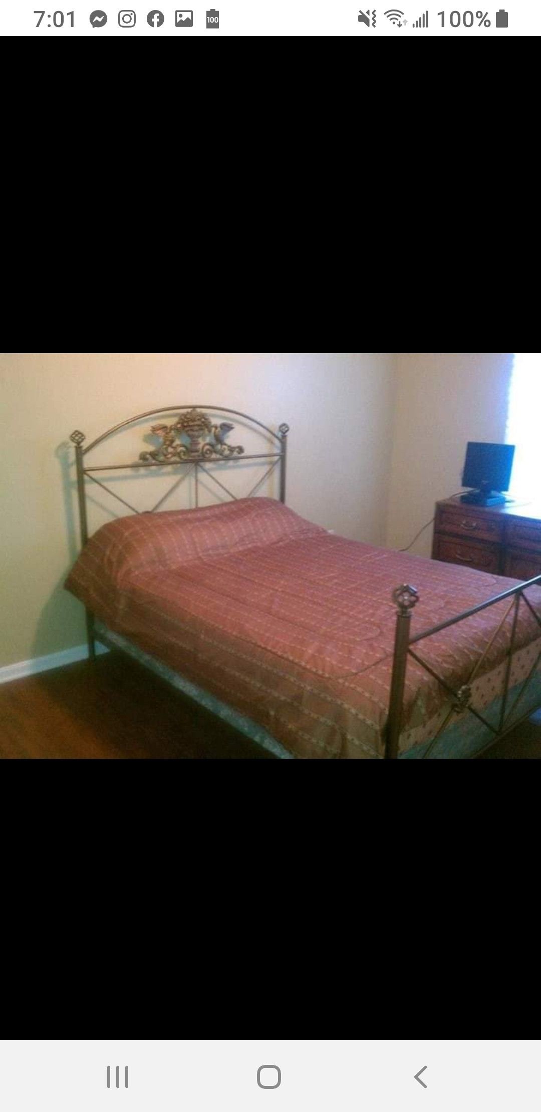 Queen wrought iron bed frame with mattress and box spring