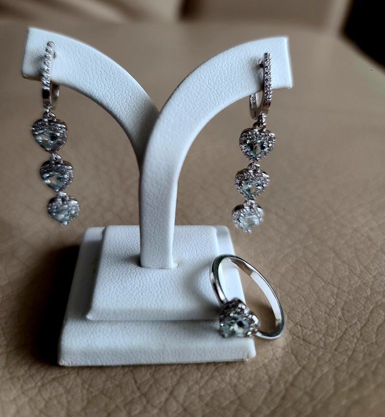 Sensual 100% Natural Aquamarine .925 Sterling Silver  Set Earring & Ring Size 7