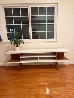 Utopia Contemporary Modern TV Stand with Storage Shelves in Maple Cream and White