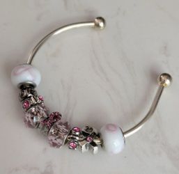Pink Silver Plated Charm Bracelet - Pandora Style Bracelet with many Charms - Cancer Awareness