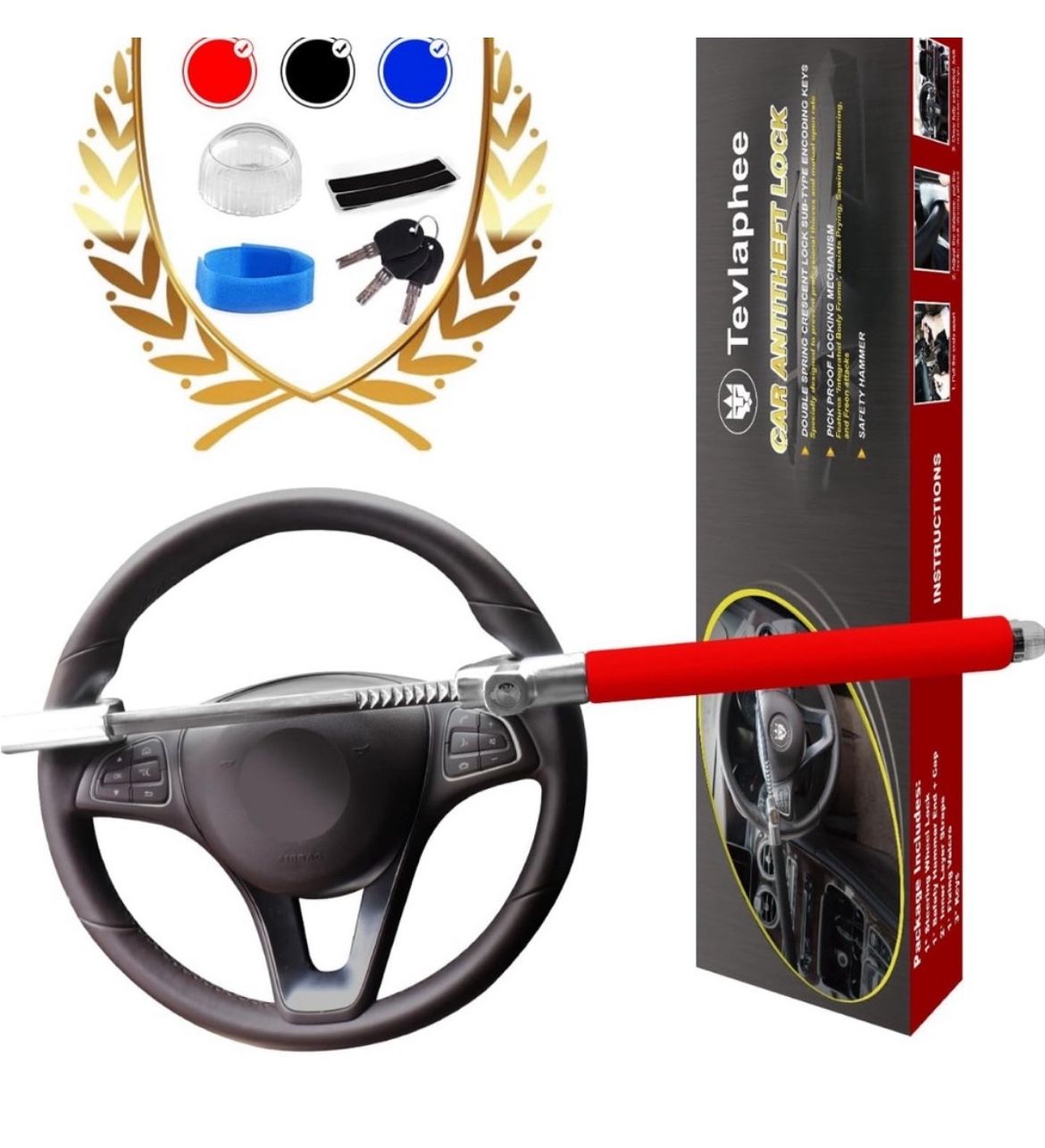 Tevlaphee Steering Wheel Lock Anti Theft Car Device Universal (Red)